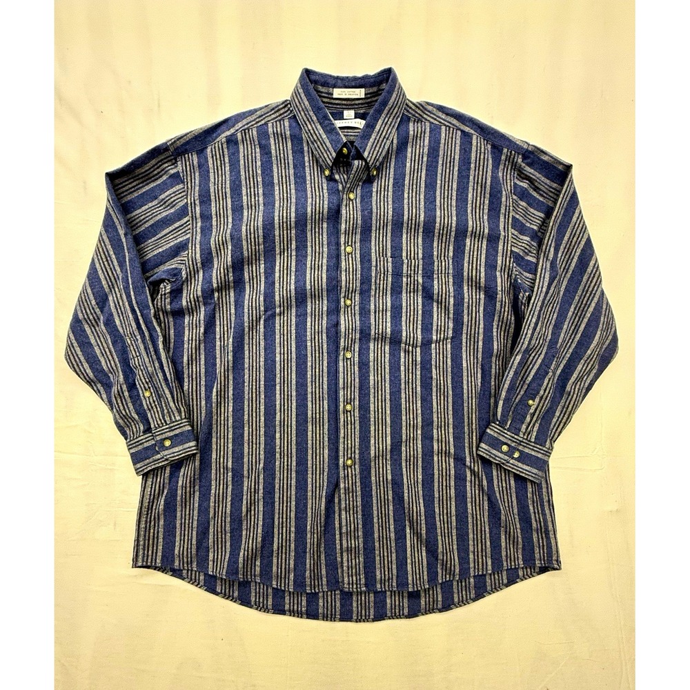 Geoffrey Beene Men's Long Sleeve Button-Up Blue/Gray Striped With Pockets Size L